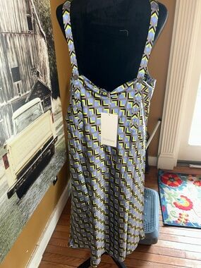 WildFang Geometric Print Pinafore Dress in Blue & Yellow